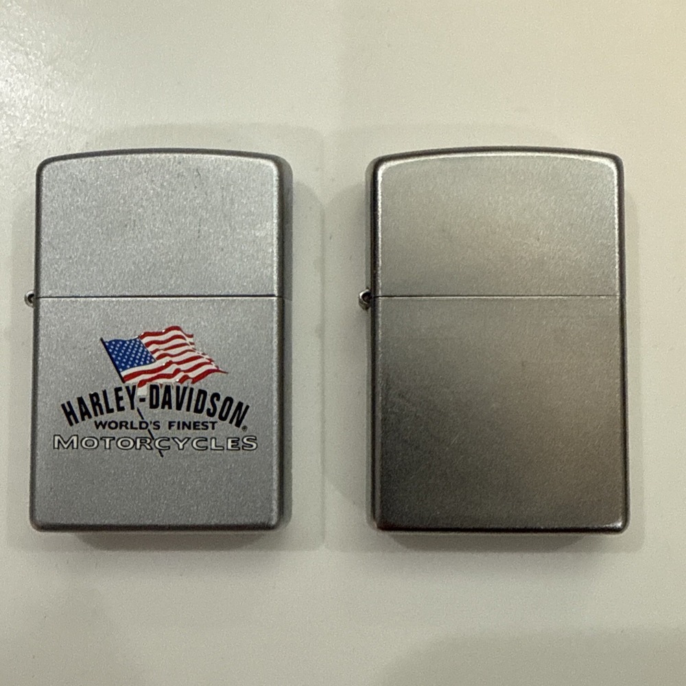 Zippo Lighter Set 2pc Harley-Davidson & Plain Silver Good USA 2005 2014